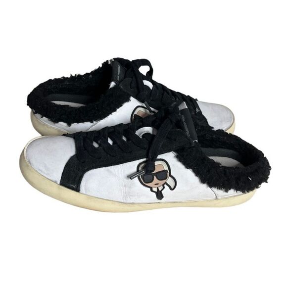 KARL LAGERFELD Slip On Sneakers Mules White Black Sherpa Edge Lace Up Size 8.5 - Picture 1 of 8